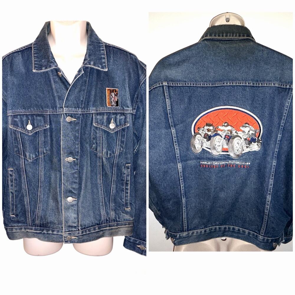 Harley Davidson Taz Bugs Bunny Wile Coyote Mens Medium Vtg 2001 Jean Jacket
